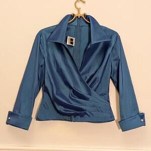 Vintage Tadashi Shoji Sapphire Wrap Blouse | Dramatic Collar Evening Top Y2K